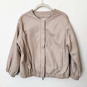 [Vince] Beige Tan Collarless Ballon Sleeve 100% Leather Bomber Jacket Sz Large L